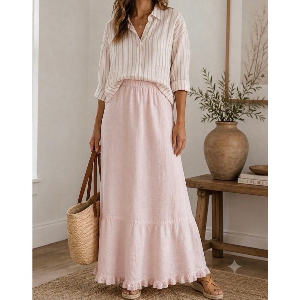Sashay USA Pink 100% Linen Ruffled Maxi Skirt Size Large Boho Lagenlook